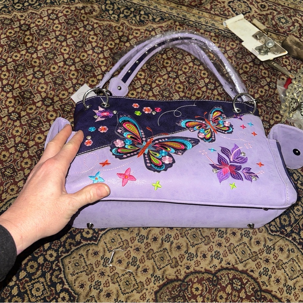 Embroidered Butterfly Purple Handbag
